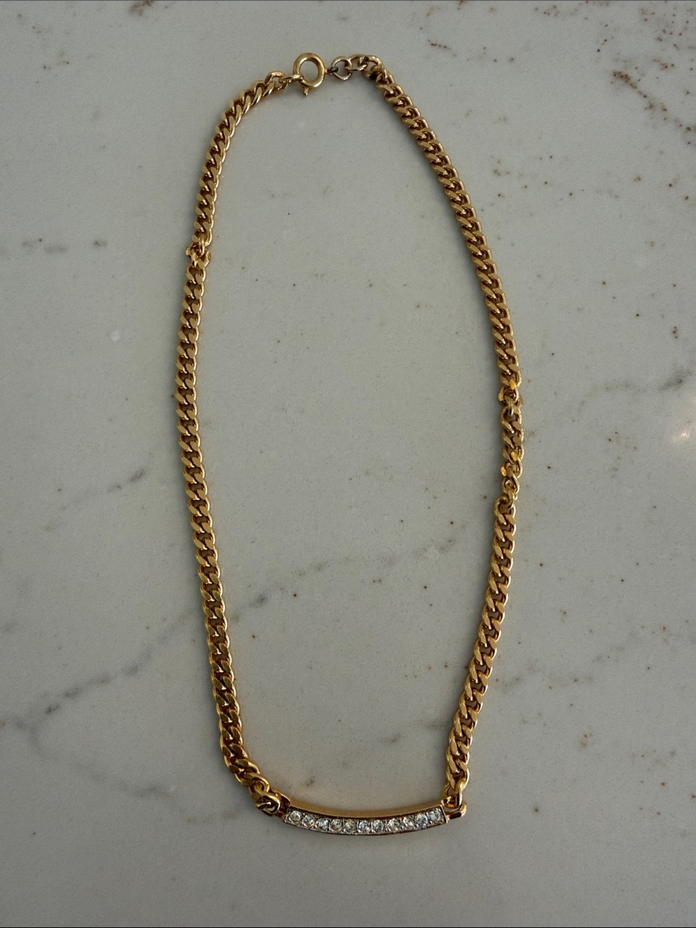 Gold Tone Cuban Chain Necklace with Crystal Bar,15.5” long